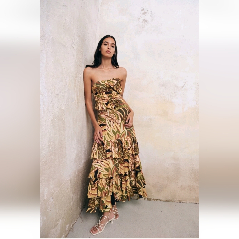 ZARA NEW [ 2 PIECE SET ] CORSET TOP + RUFFLE LAYERED SKIRT LINEN SET XL SKIRT